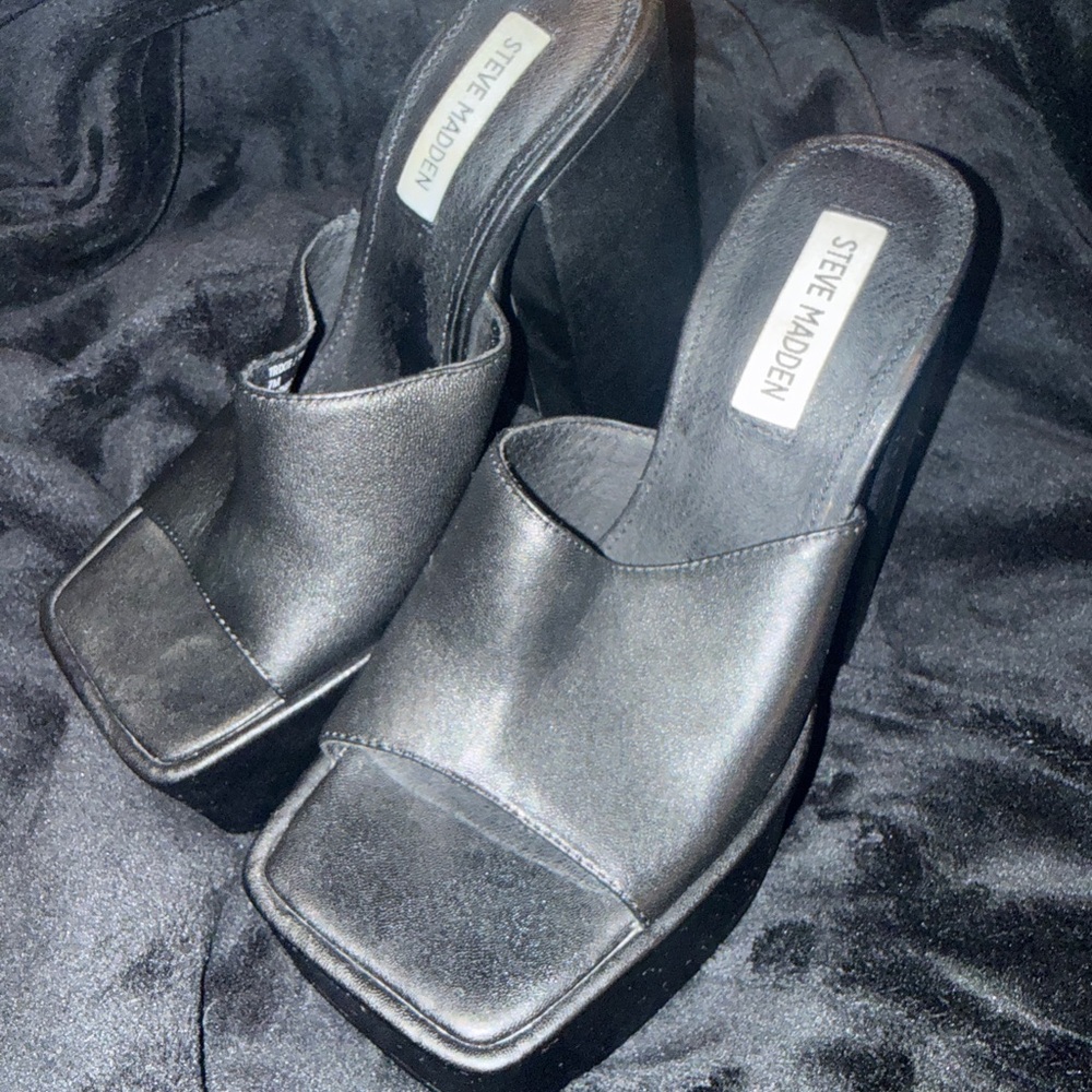 Steve Madden Black Square-Toe Platform Slides Sandals - Slip-On Block Heel Sz 7m